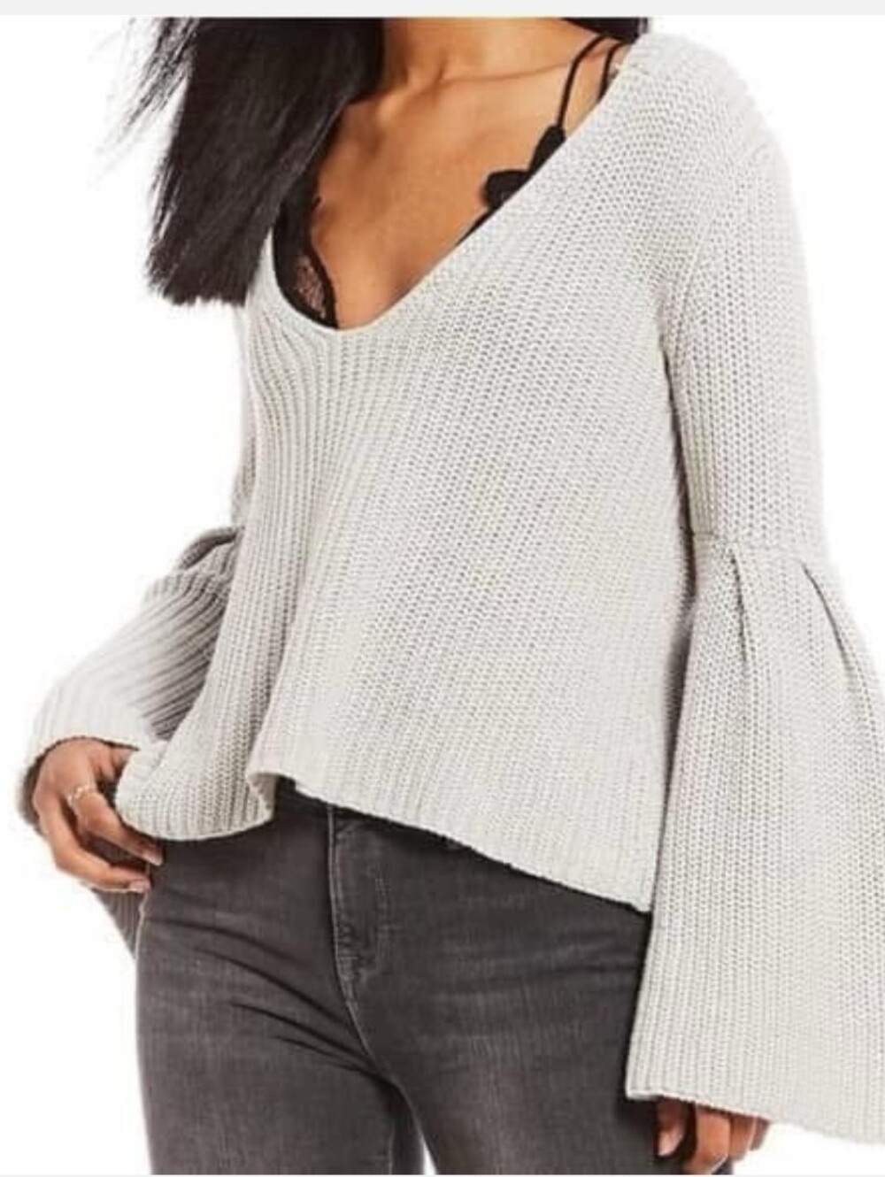 Free People Damsel Gray V-Neck Bell Sleeve Women's Knit Sweater